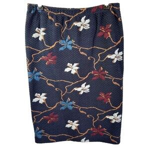 PER SE Women's Navy Blue Floral Knit Stretch Pencil Midi Skirt Sz S/M